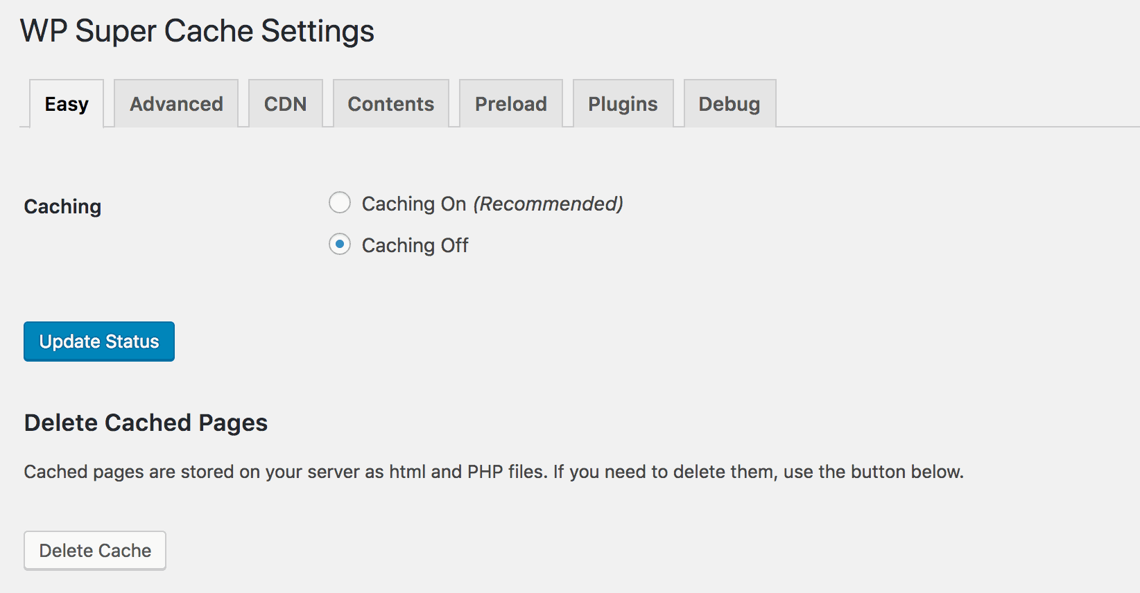 Configuring the settings for WP Super Cache.