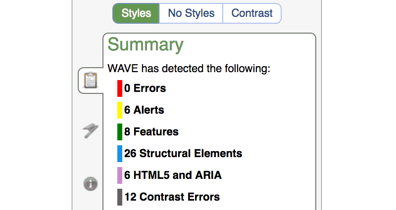The WAVE summary, displaying the number of errors, alerts, and page elements.