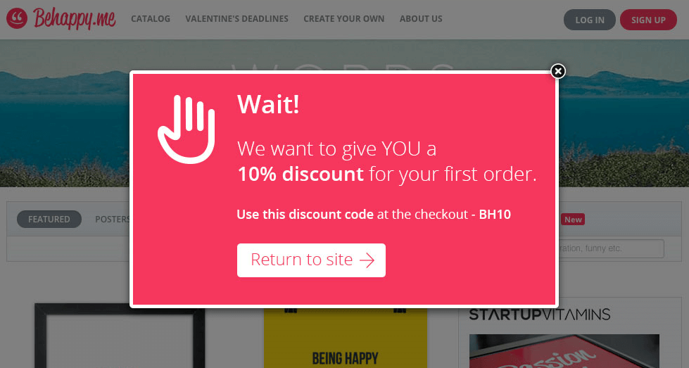 An example of an exit intend pop-up containing a coupon code.