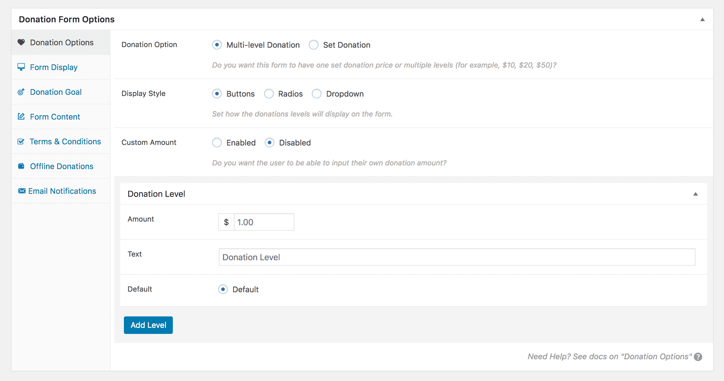 The Donation Options tab in Give.