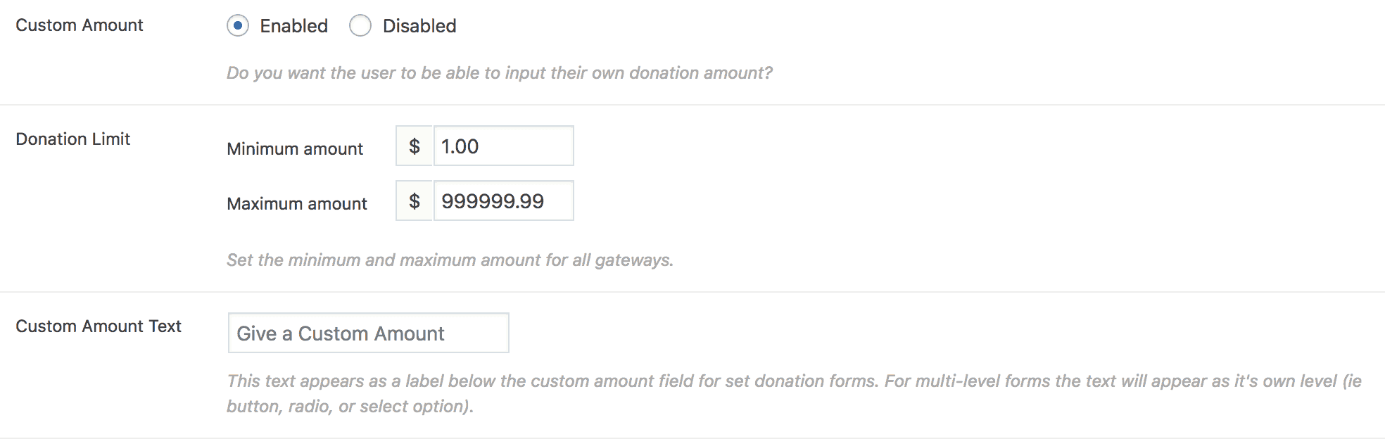 Setting the Custom Amount options in Give.
