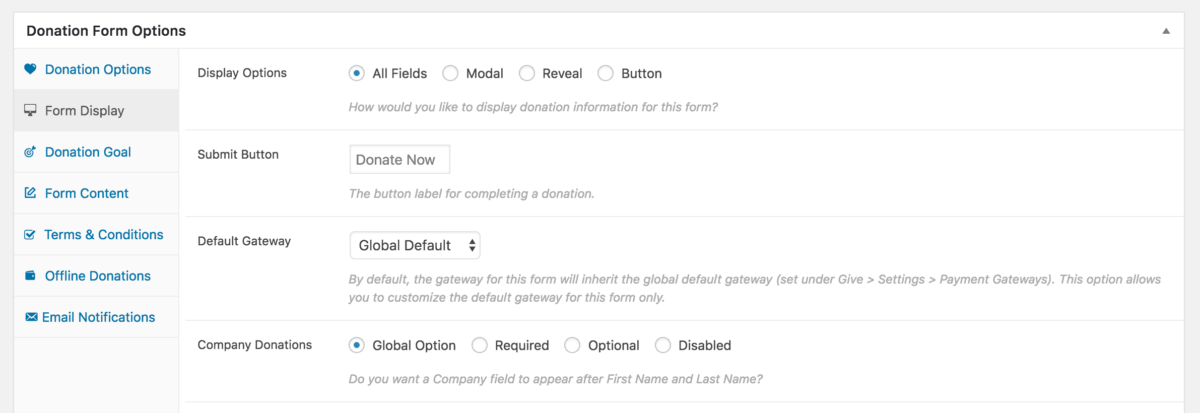 The Form Display options in Give.