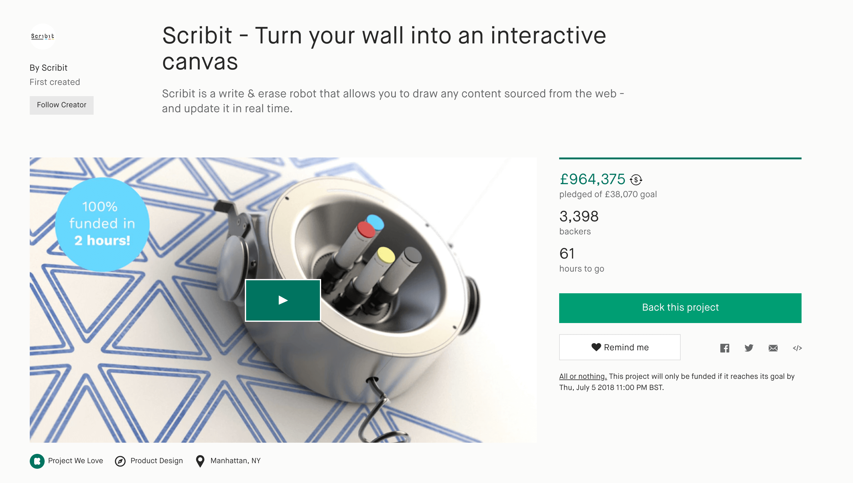 An example of a Kickstarter campaign, featuring a product called Scribit.