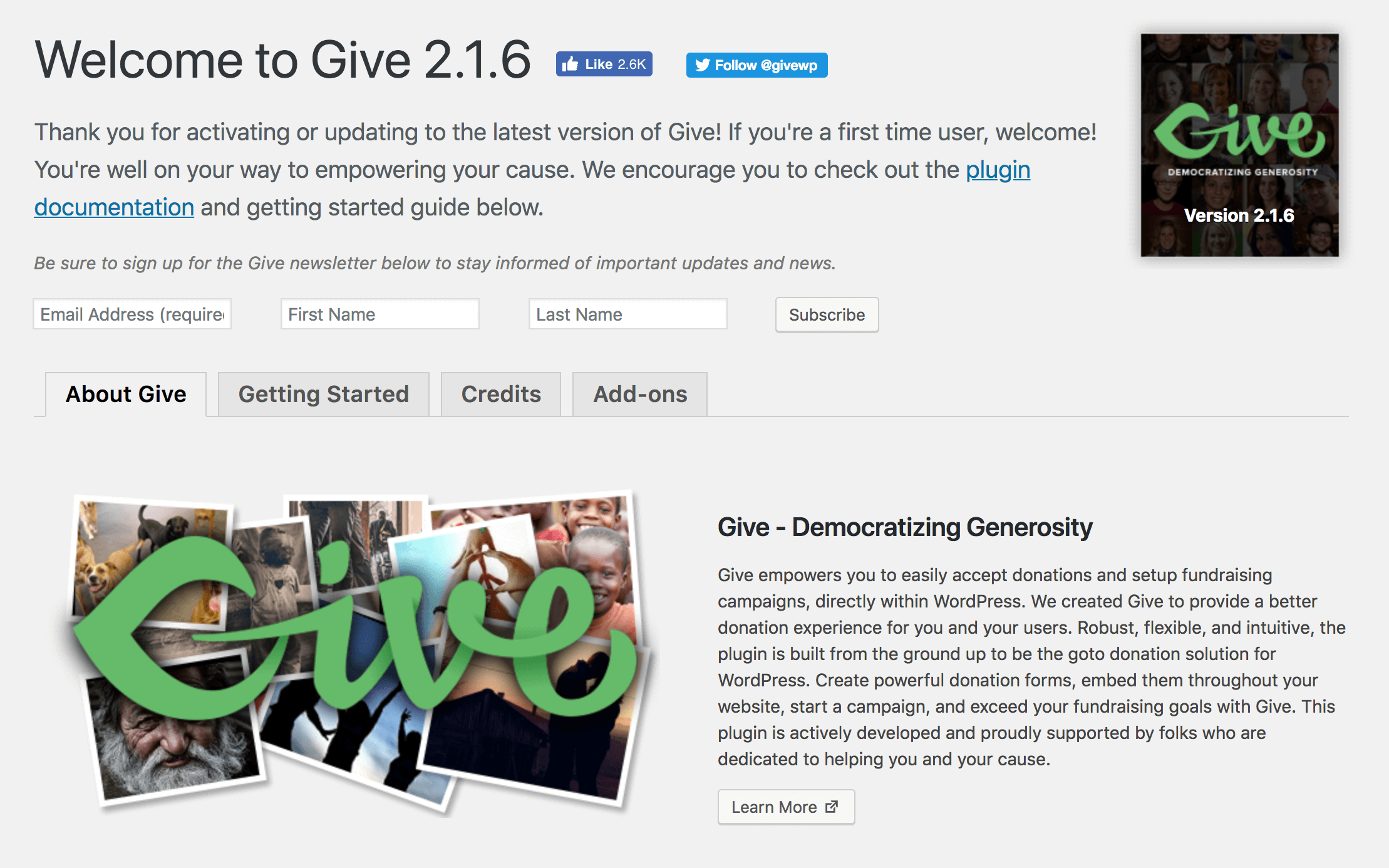 The welcome screen for Give.