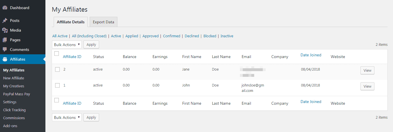 The Affiliates Manager plugin settings.