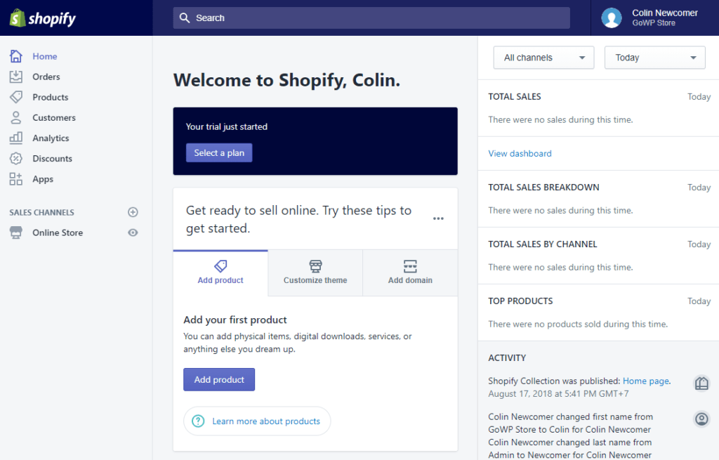 Shopify dashboard