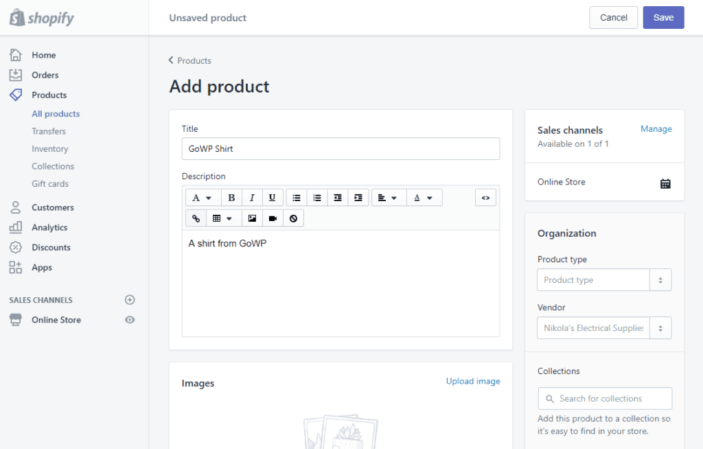Shopify add product interface