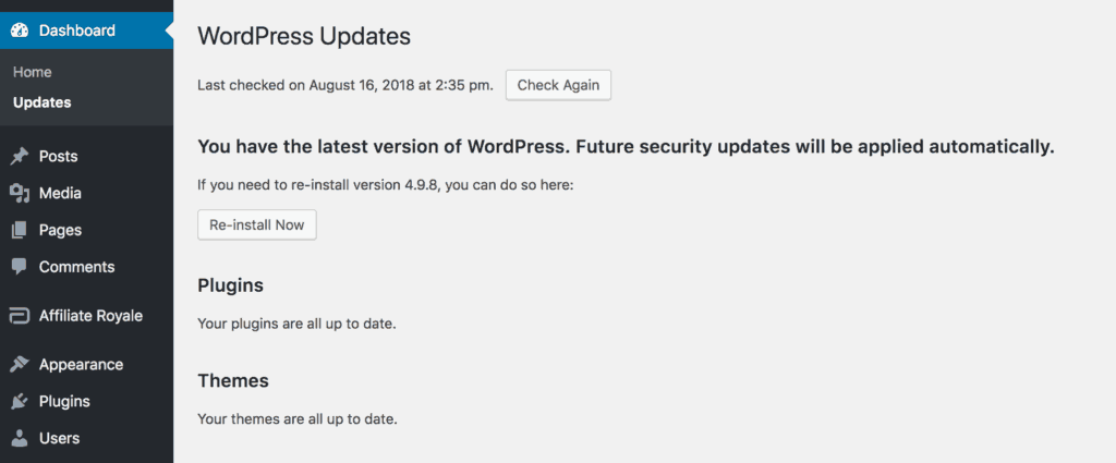 The WordPress updates page, showing no new updates.