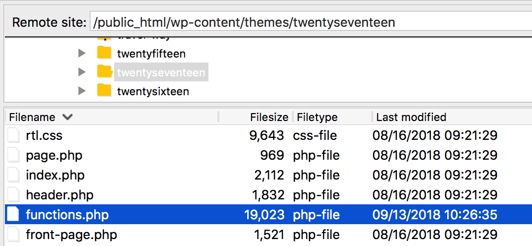 The functions.php file viewed in FileZilla.