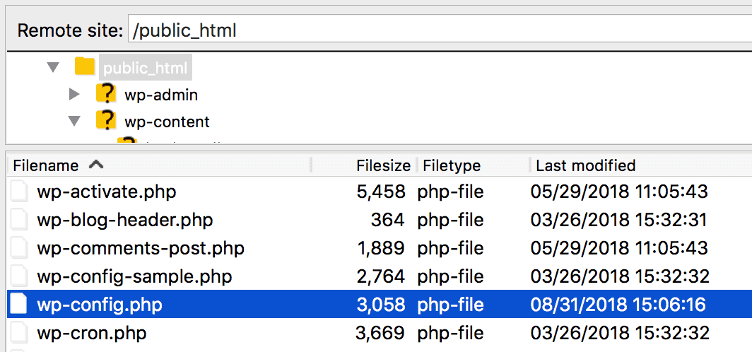The wp-config.php file viewed in FileZilla.