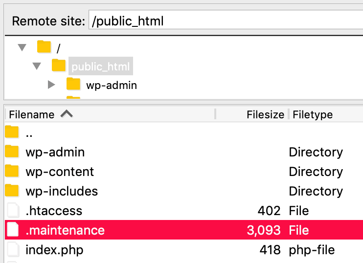 The .maintenance file in FileZilla.