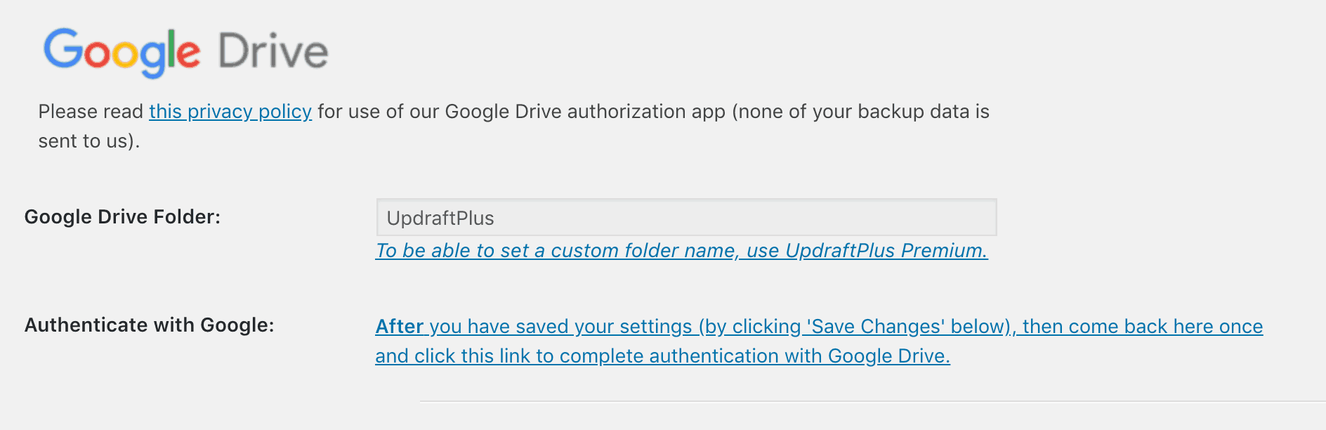 Settings for connecting to Google Drive.