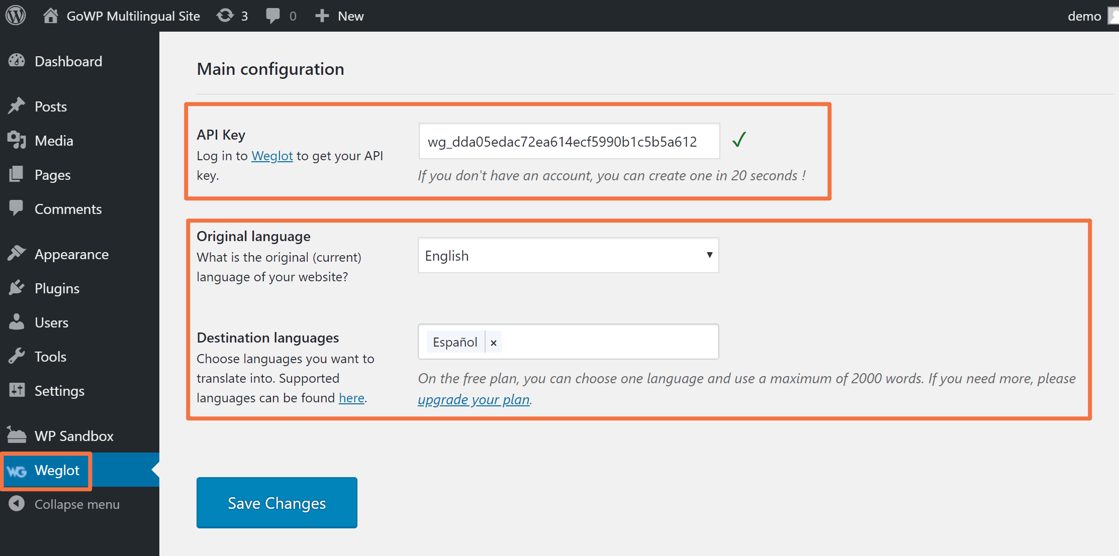 Configure "API Key", "Original language" and "Destination languages" settings