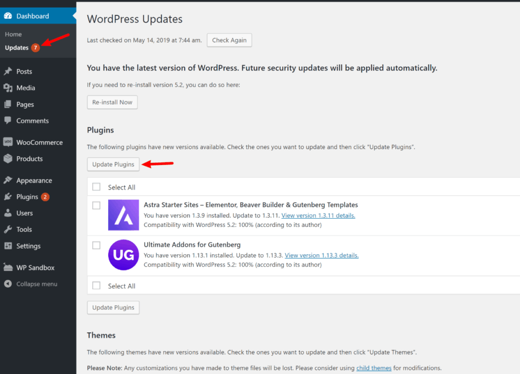WordPress update notificatios
