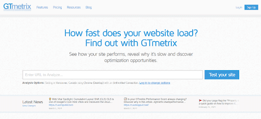 GTmetrix website performance tester