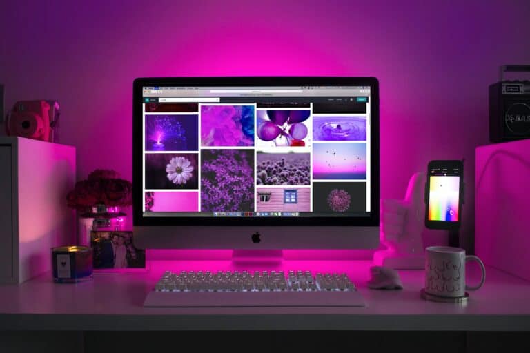 Home office set up with magenta background.
