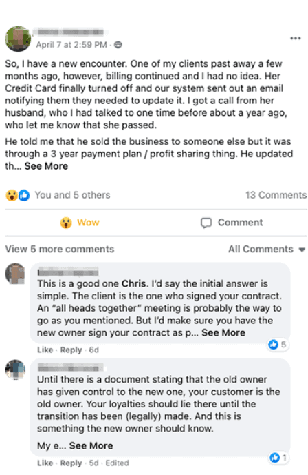 Person shares in a community a story about a client who passed away. 