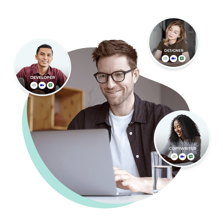 Man with glasses on computer surrounded by images of a developer, copywriter, and designer working remotely. The images have icons for messaging, email, and video call.