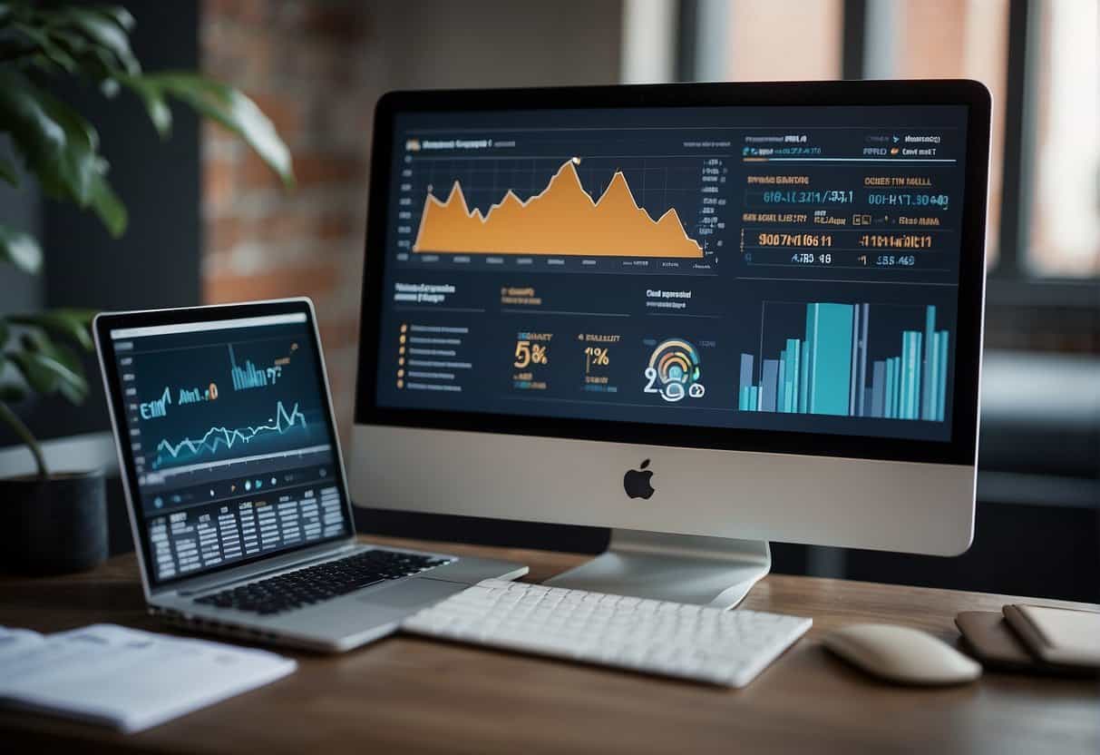 A digital agency logo displayed prominently on a computer screen, surrounded by charts and graphs showing successful client acquisition strategies