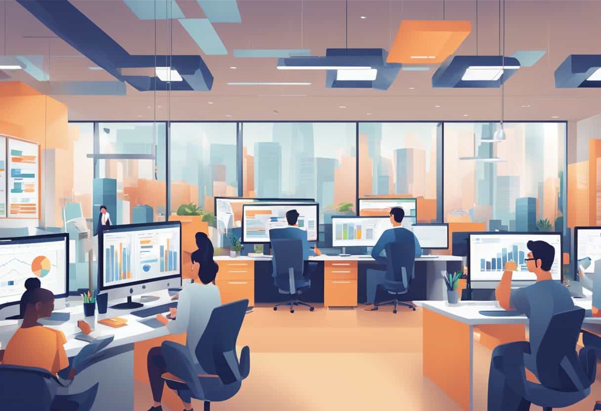 Illustration of a large office building floor filled with desks and people in professional attire working at computers. One wall is full of large windows looking out at a city.