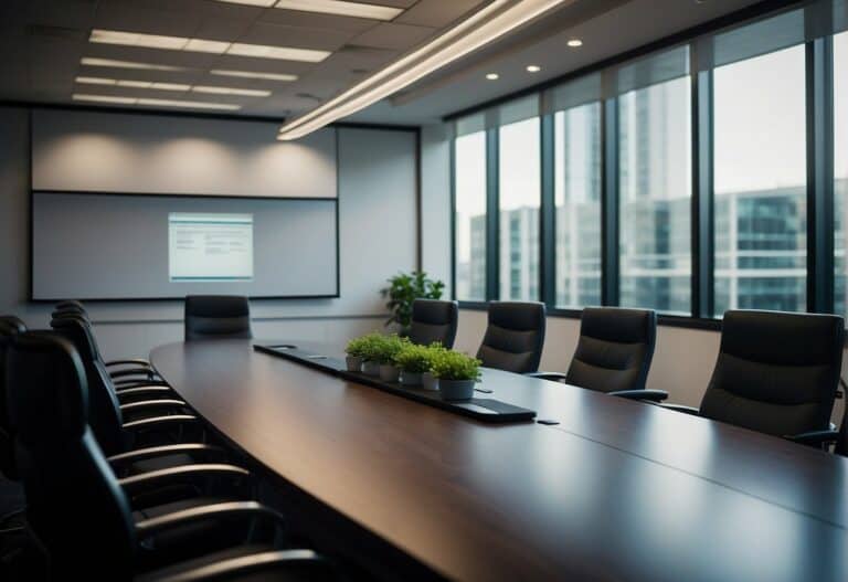 A conference room with a large table, chairs, and a whiteboard. Project plans and charts displayed on the walls. A projector ready for presentations