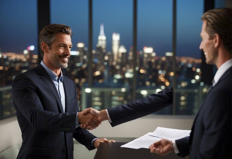 A confident figure presents a contract to a satisfied client, shaking hands in agreement, with a backdrop of a bustling city skyline