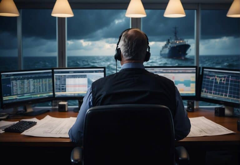 A project manager at a desk, surrounded by charts and schedules, confidently steering a ship through stormy waters, with a clear destination in sight