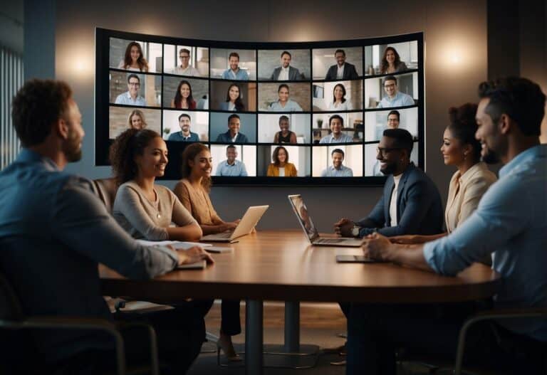 A virtual team meeting with diverse members collaborating on a shared digital workspace, using video conferencing and real-time communication tools