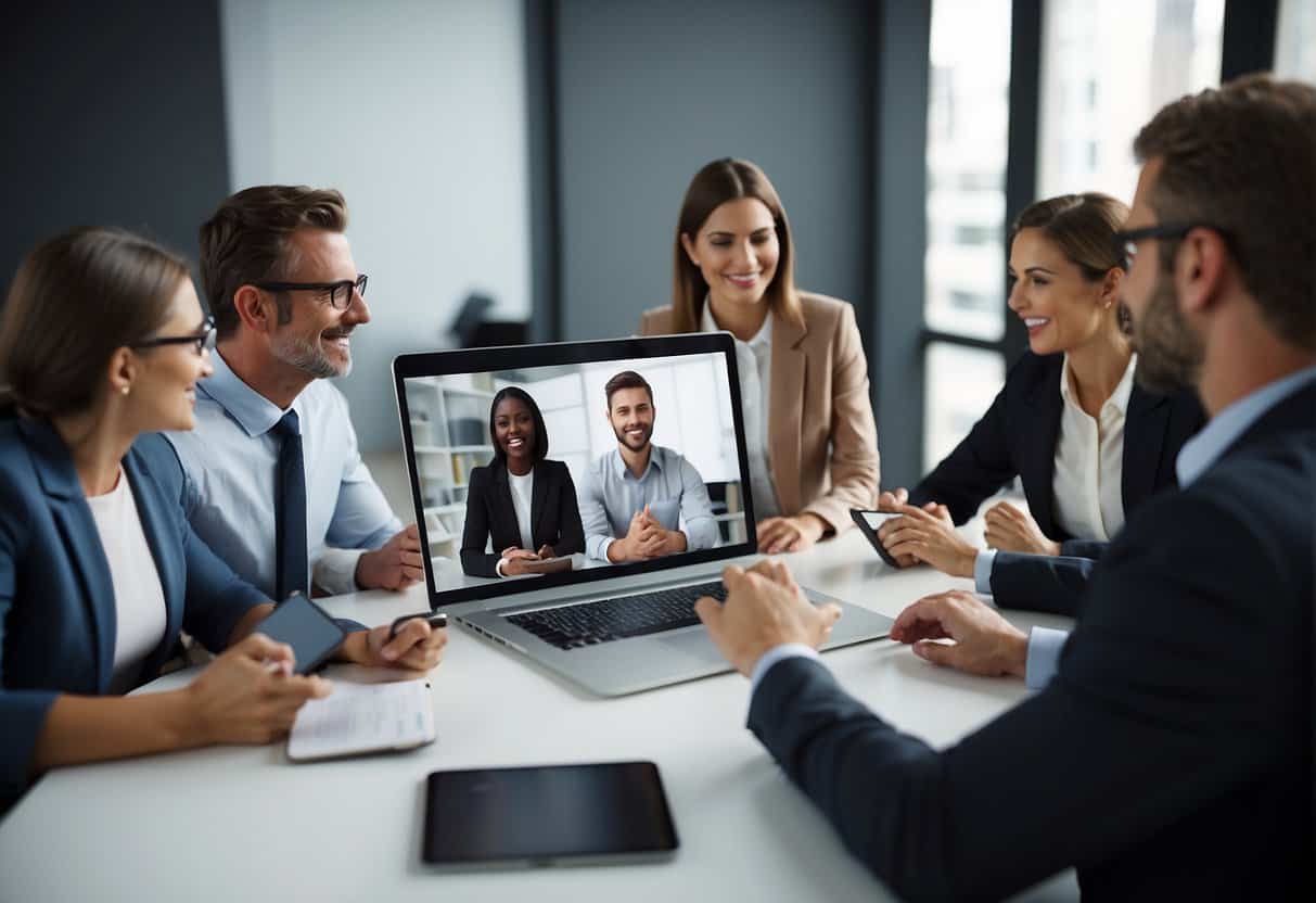 A virtual team meeting: A diverse group of professionals engage in a video conference, sharing screens and discussing project details with clear and concise communication