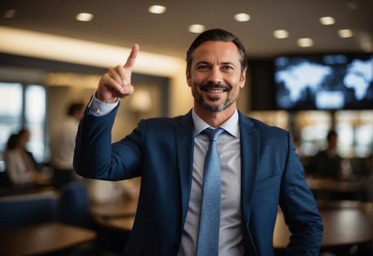 A salesperson gestures towards a captivating visual presentation, engaging with clients on a personal level. The room is filled with energy and enthusiasm as the story unfolds