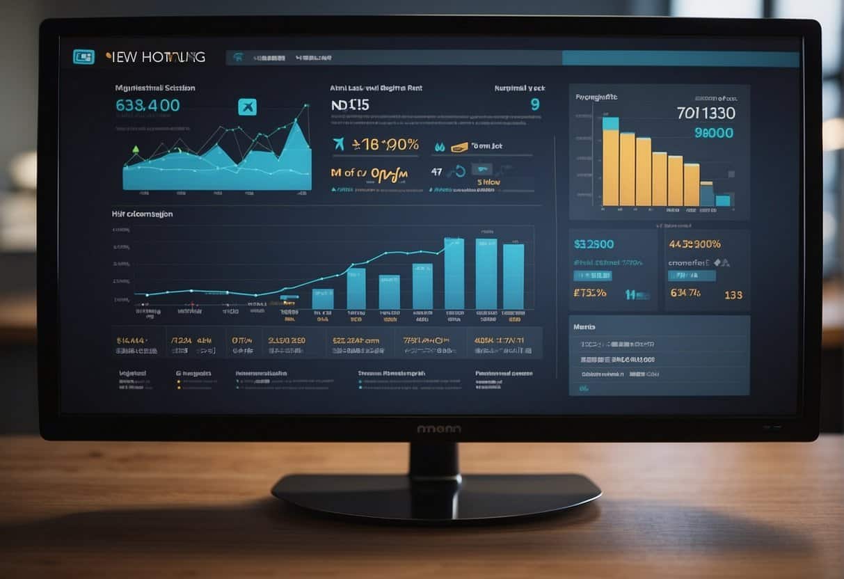 A computer screen displaying a well-maintained website, with smooth navigation and updated content. A chart showing increasing client retention and recurring revenue in the background
