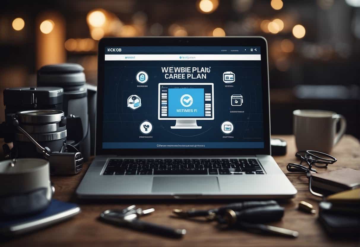 A laptop with a website care plan logo displayed on the screen, surrounded by various tools and resources for website maintenance