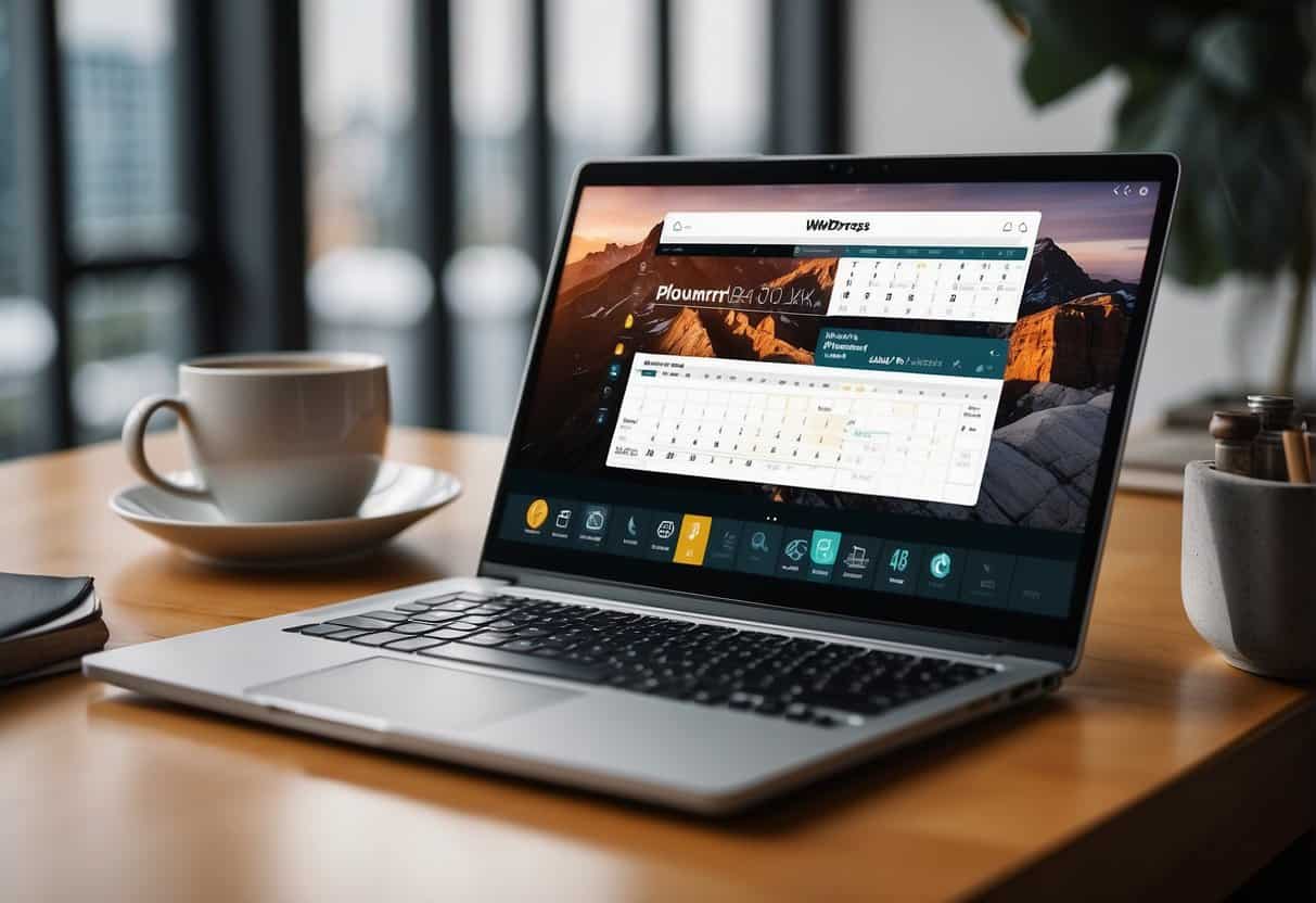 A laptop displaying a WordPress dashboard with a calendar, checklist, and maintenance tools. A pen and notebook sit beside it