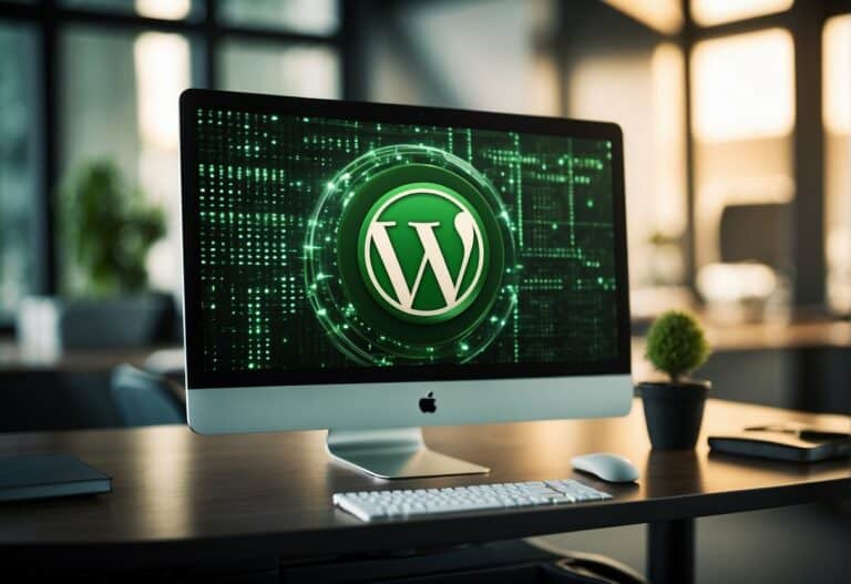 A computer monitor displaying a WordPress website with a green checkmark symbolizing consistent performance. A support team logo is visible in the corner