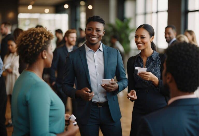 A group of diverse professionals engage in conversation, exchanging business cards and contact information at a networking event