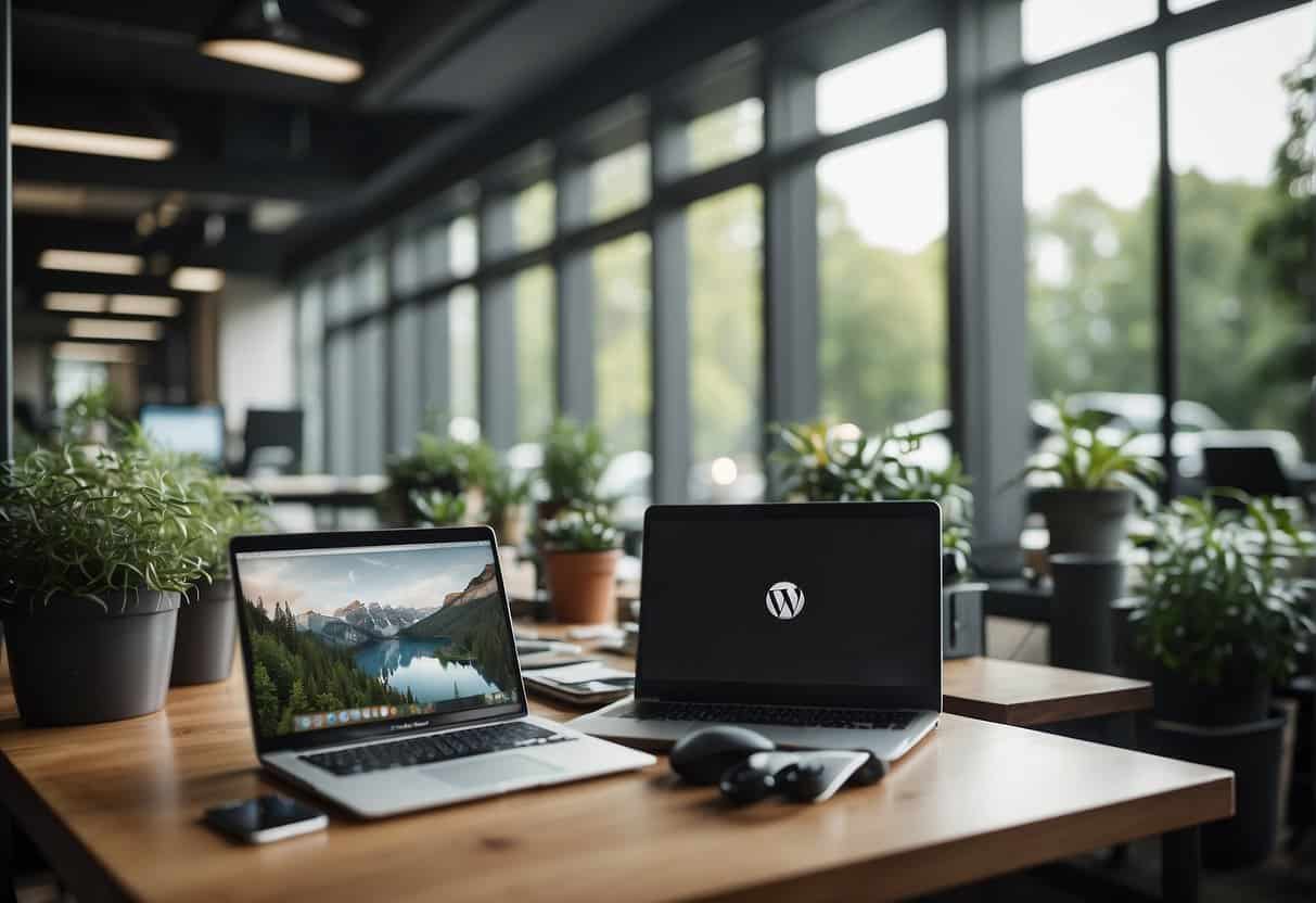 A bustling agency office with overwhelmed staff. A laptop with a WordPress logo sits on a cluttered desk. Outside the window, a serene park offers a sense of relief