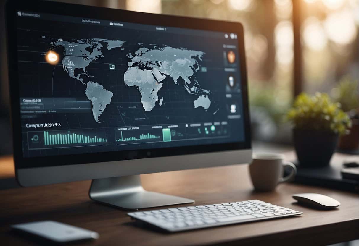 A computer screen displays a WordPress dashboard with update notifications. A lock icon symbolizes security measures. A hand hovers over a keyboard, ready to take action