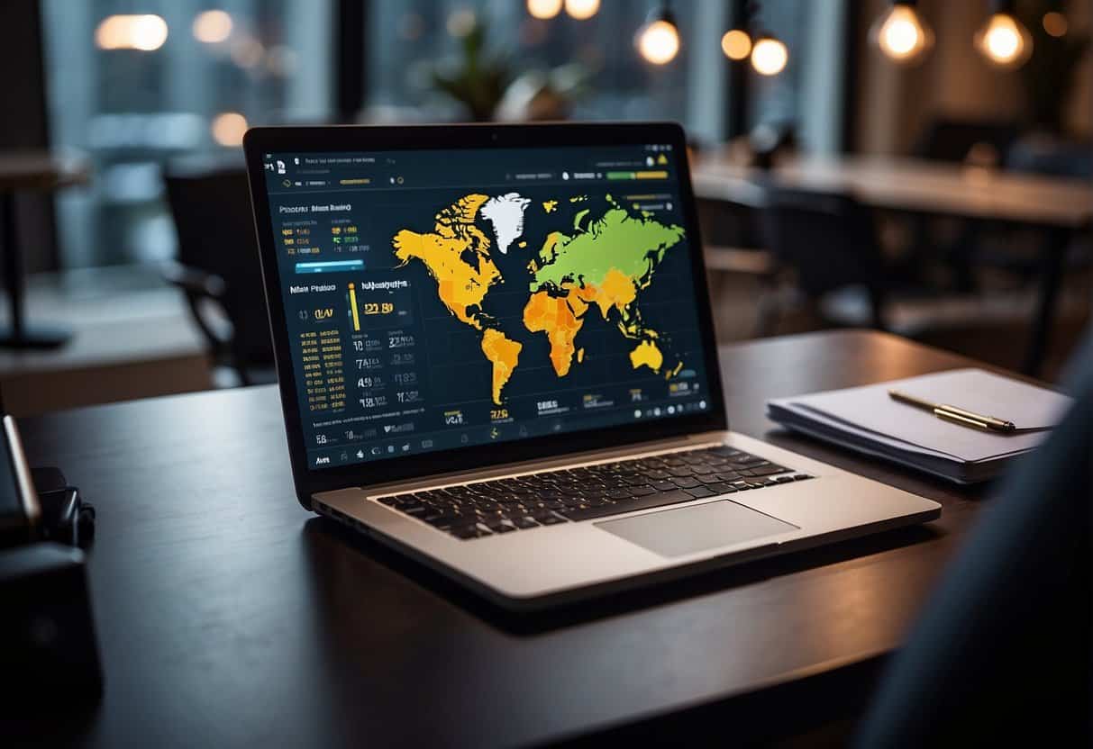 A laptop displaying a WordPress dashboard with growth charts and success metrics. A team of professionals working together to maintain and optimize the website