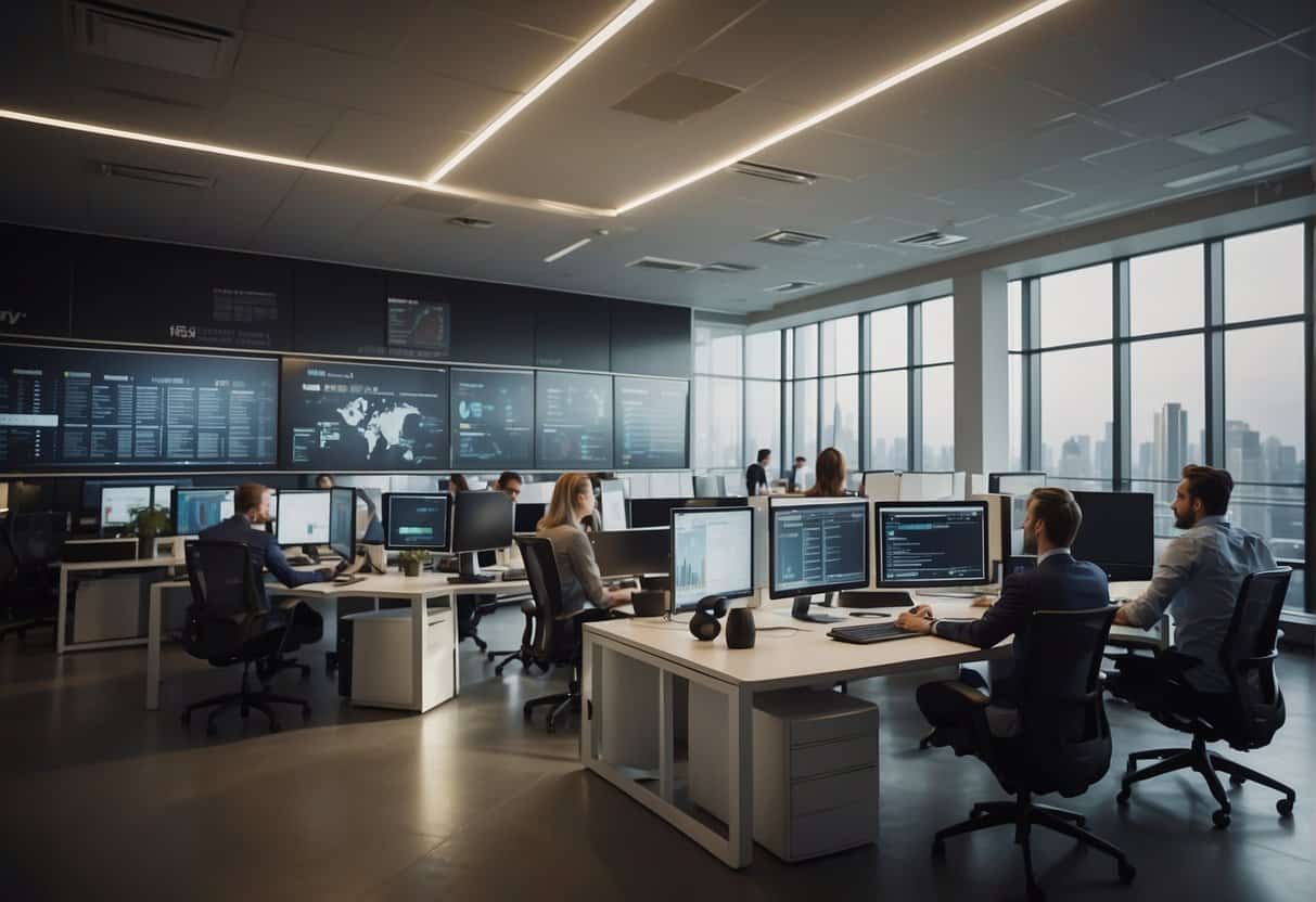 A bustling office with employees collaborating on digital projects. Charts and graphs adorn the walls, showcasing growth and success. A vibrant, energetic atmosphere fills the room, representing the thriving nature of the digital agency
