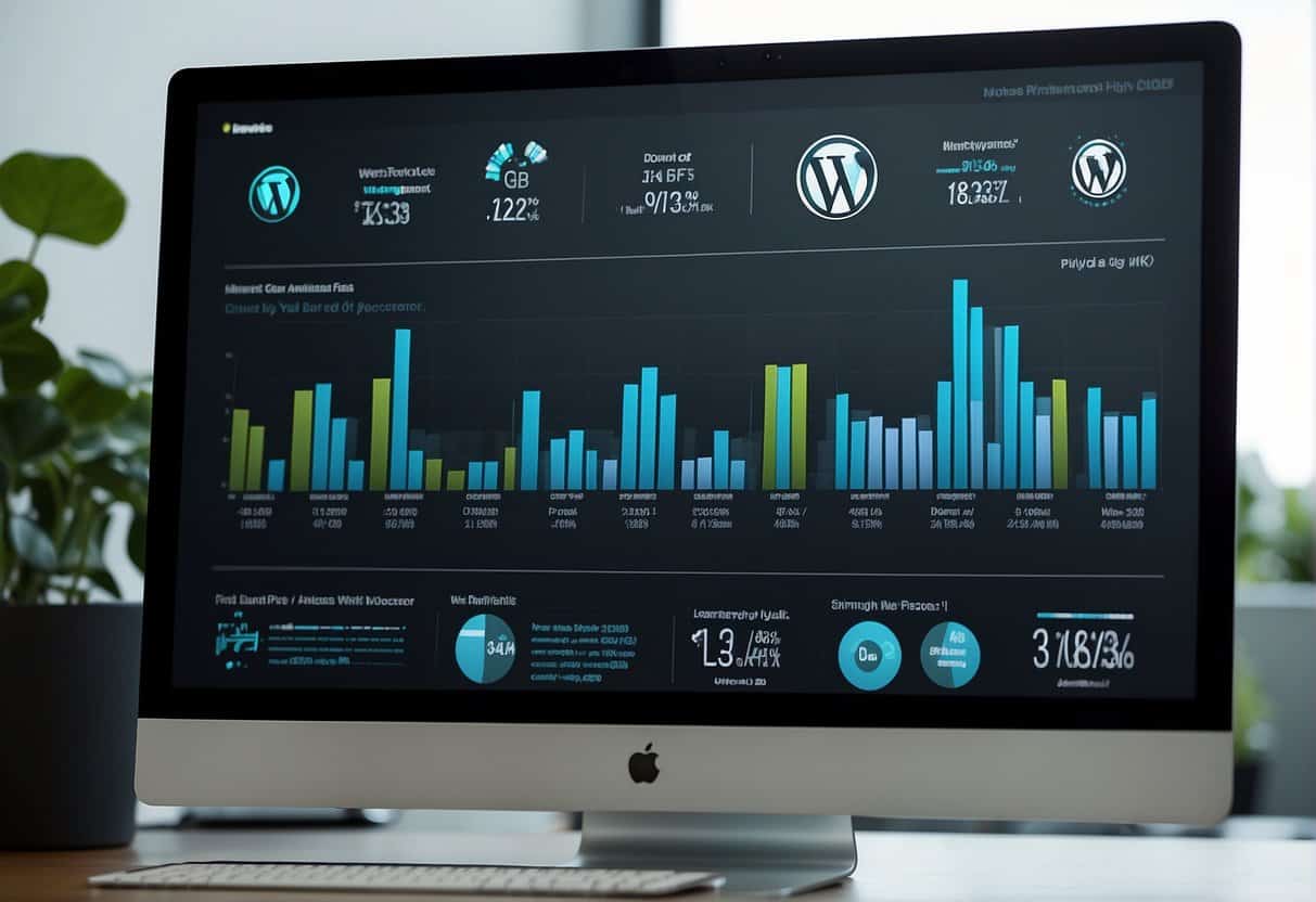 A computer screen showing the evolution of WordPress maintenance, with various trend graphs and data points, surrounded by a modern office setting