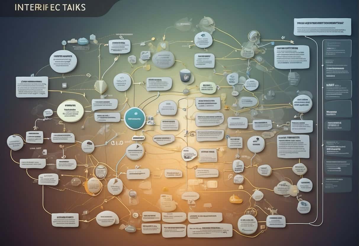 A flowchart showing interconnected tasks and timelines, with arrows indicating flexibility and efficiency in Agile Methodology
