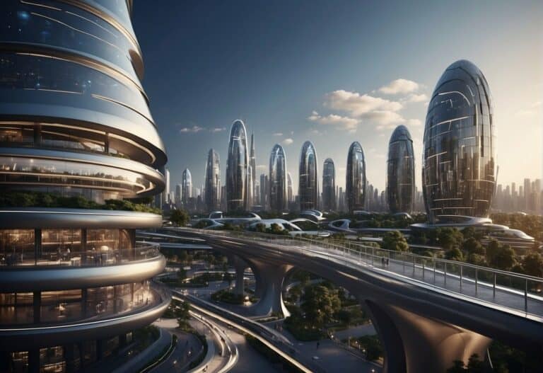 A futuristic cityscape with sleek, modern buildings and advanced technology integrated into the architecture. A network of interconnected support services is visible, symbolizing the innovative WordPress support services of the future