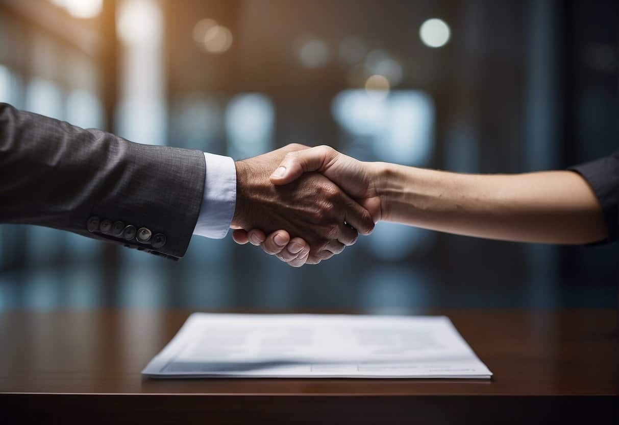 A handshake over a contract, with a transparent document and a clear communication board in the background