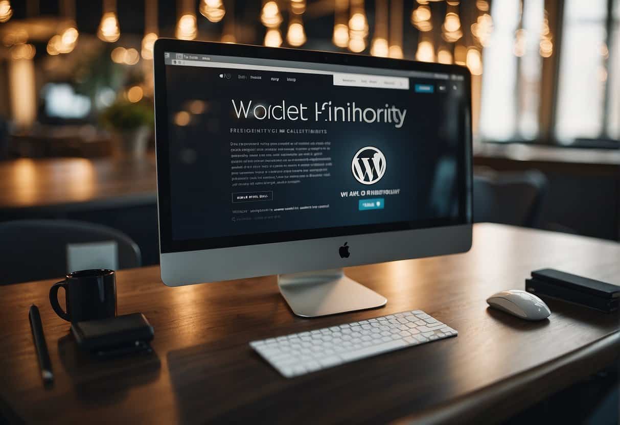 A sleek, modern website design with the WordPress logo prominently featured. A brand authority badge displayed on the homepage