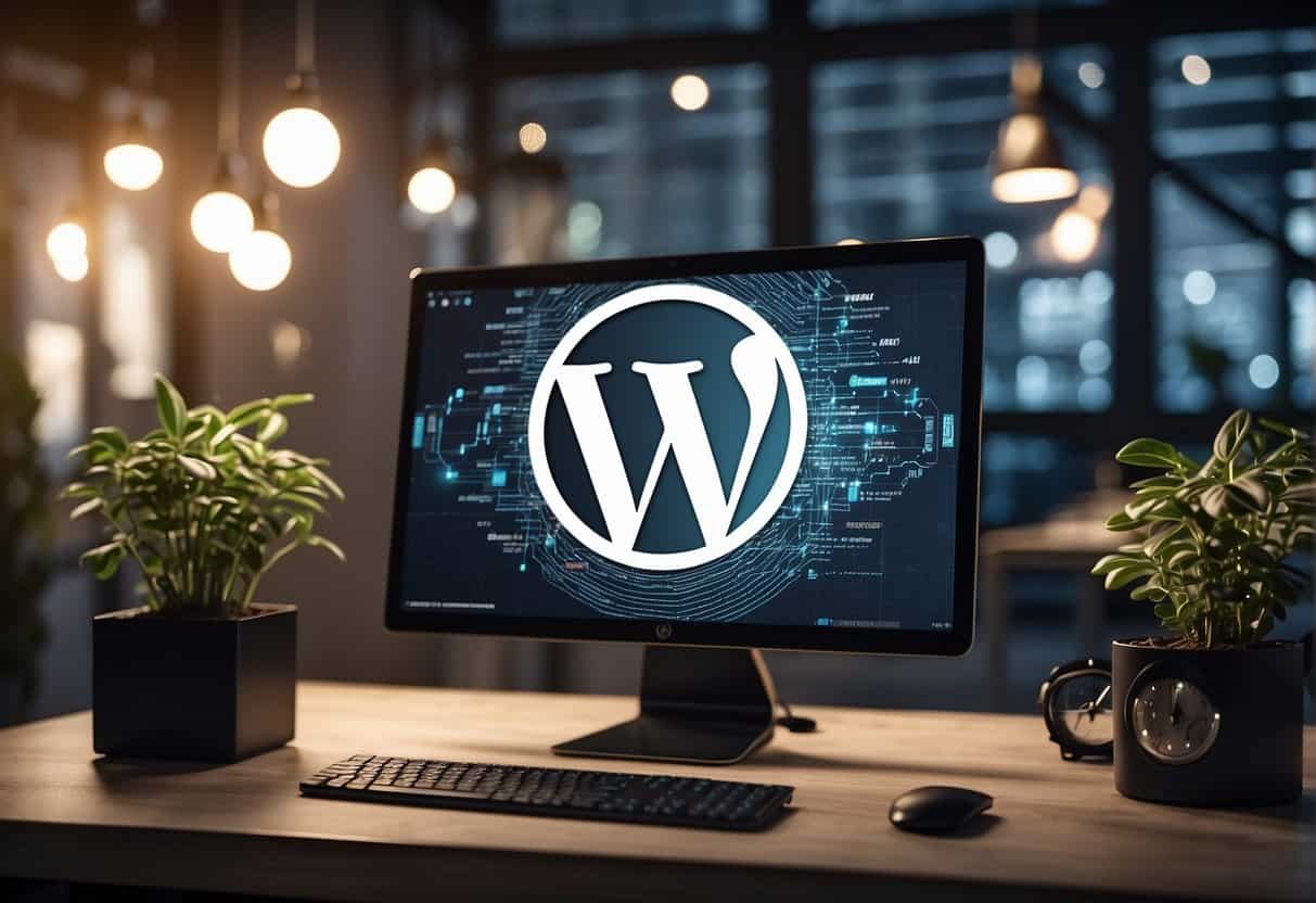 A computer with WordPress logo being supported by a white label team, surrounded by growth graphs and agency branding elements