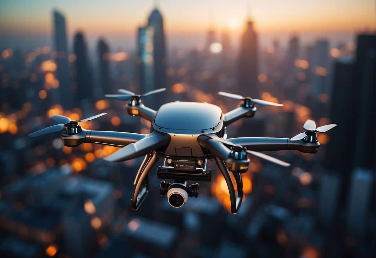 A futuristic cityscape with sleek, automated WordPress maintenance drones buzzing around skyscrapers, ensuring seamless support for agencies